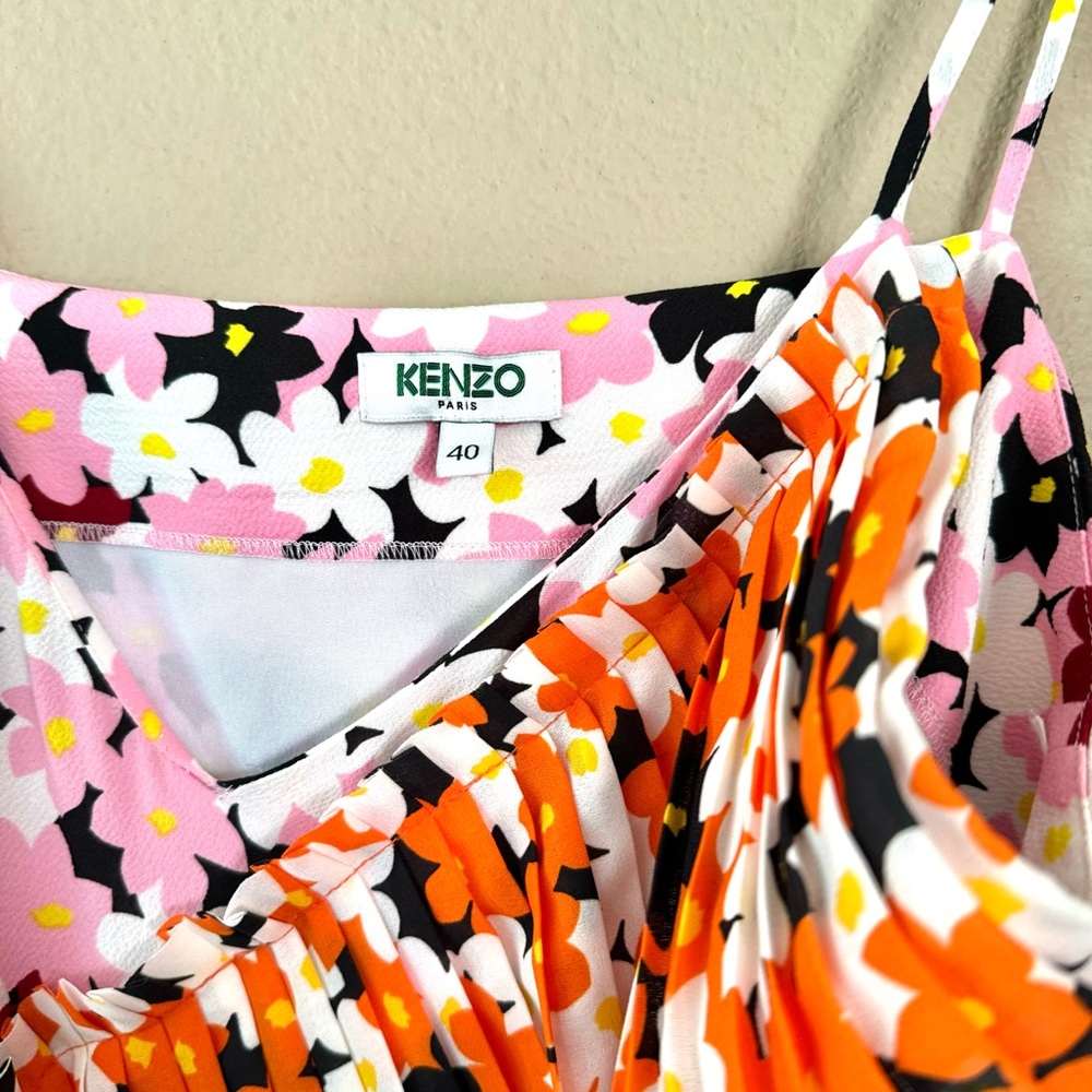 Kenzo Mixed Floral Print Ruffle Midi Slip Tank Dress Size 40 (8) Pink Orange - Picture 3 of 10